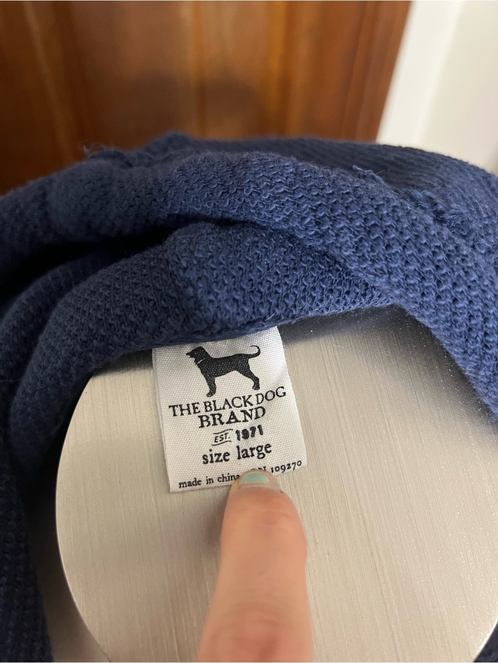 The Black Dog Brand L Navy Blue Distressed Hooded Sweater Oversized Boho Casual - Picture 9 of 9